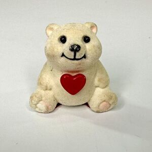 Vintage Flocked Happy Polar Bear Sitting Figurine White Red Heart 1.5" Fuzzy
